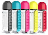 Weekly pill organizer water bottle featuring a 600ml bottle and separate daily medication compartments.