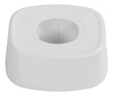 White plastic fitting with a circular hole on a white background