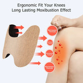 An informational graphic showing a knee-shaped adhesive patch applied to a knee, with text reading 'Ergonomic Fit Your Knees Long Lasting Moxibustion Effect' and circular callouts labeled 'Wormwood Formula.' A hand is touching the knee on the right side.