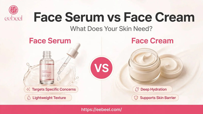 Face serum vs face cream comparison showing skincare benefits, including targeted skin concerns, lightweight texture, deep hydration, and skin barrier support.