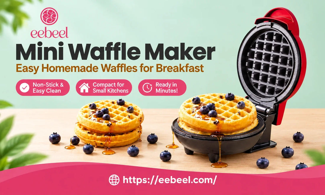 Mini waffle maker with golden blueberry waffles and syrup on a kitchen countertop