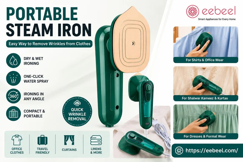 Portable Steam Iron Easy Way to Remove Wrinkles from Clothes - Eebeel mini steam iron for shirts, office wear, shalwar kameez, kurtas, dresses