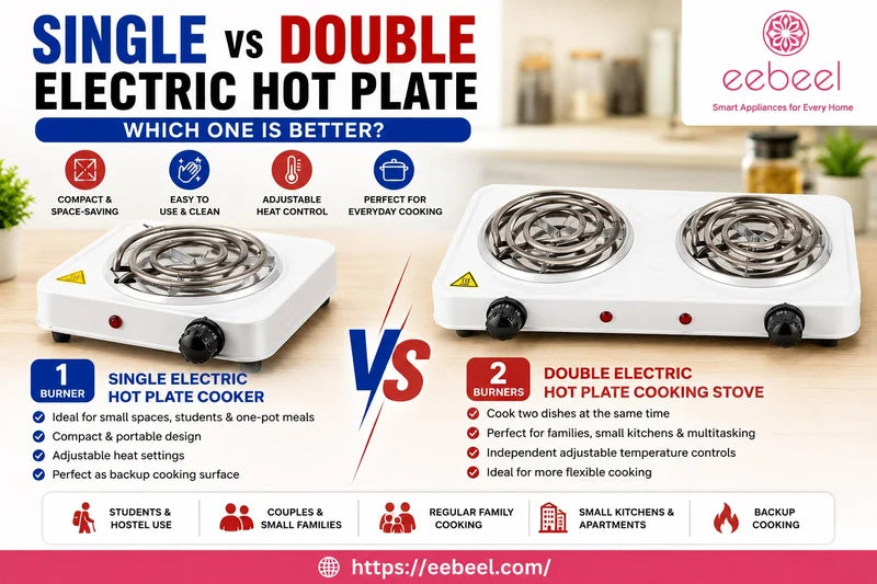Single vs Double Electric Hot Plate Which One Is Better - Eebeel 1 burner single electric hot plate cooker vs 2 burners double electric hot plate cooking stove comparison