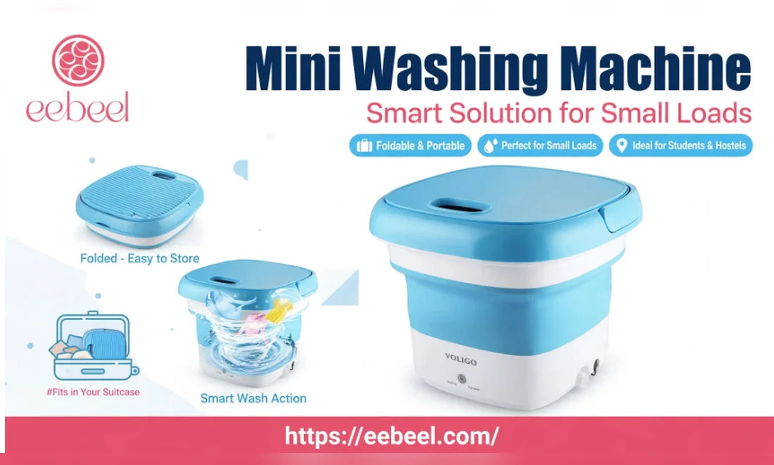 Compact foldable mini washing machine for small loads, featuring portable storage, suitcase-friendly design, and smart wash action.