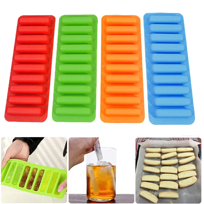 Set of four colorful rectangular silicone ice cube trays with images showing their use.