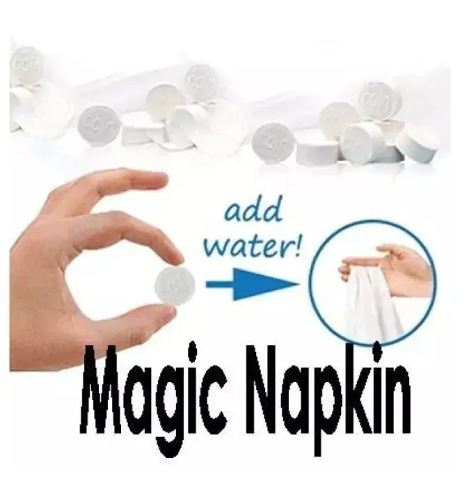 Magic napkin product showing a hand holding a napkin with text 'add water!' and 'Magic Napkin'.