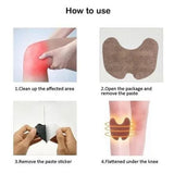 Instructions on how to use a knee贴片, including cleaning the area, opening the package, removing the paste, and applying it under the knee.