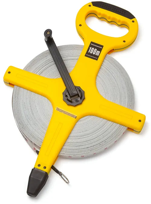 100M heavy-duty professional fiber measuring tape for accurate long-distance measurements.
