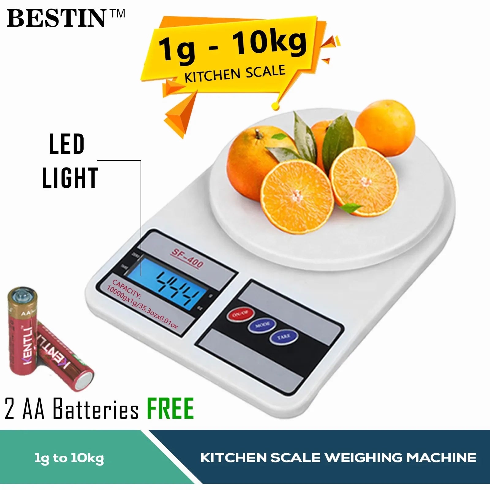 BESTIN digital kitchen scale shown on a white background with oranges on its platform, plus text callouts for LED light and free 2 AA batteries.