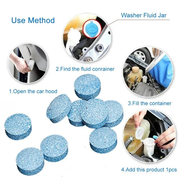 Instructions for using car washer fluid tablets with images and text on a white background.