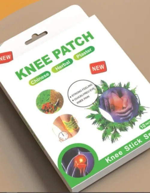 A package of knee patch plasters on a plain beige background. The white cardboard box features green and red text reading 'KNEE PATCH' and includes illustrations of herbal elements and a glowing knee joint graphic.