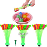 Colorful water balloons with a green pump and a pink bowl filled with balloons on a white background.