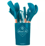 Set of teal kitchen utensils in a container with a visible brand logo on a white background