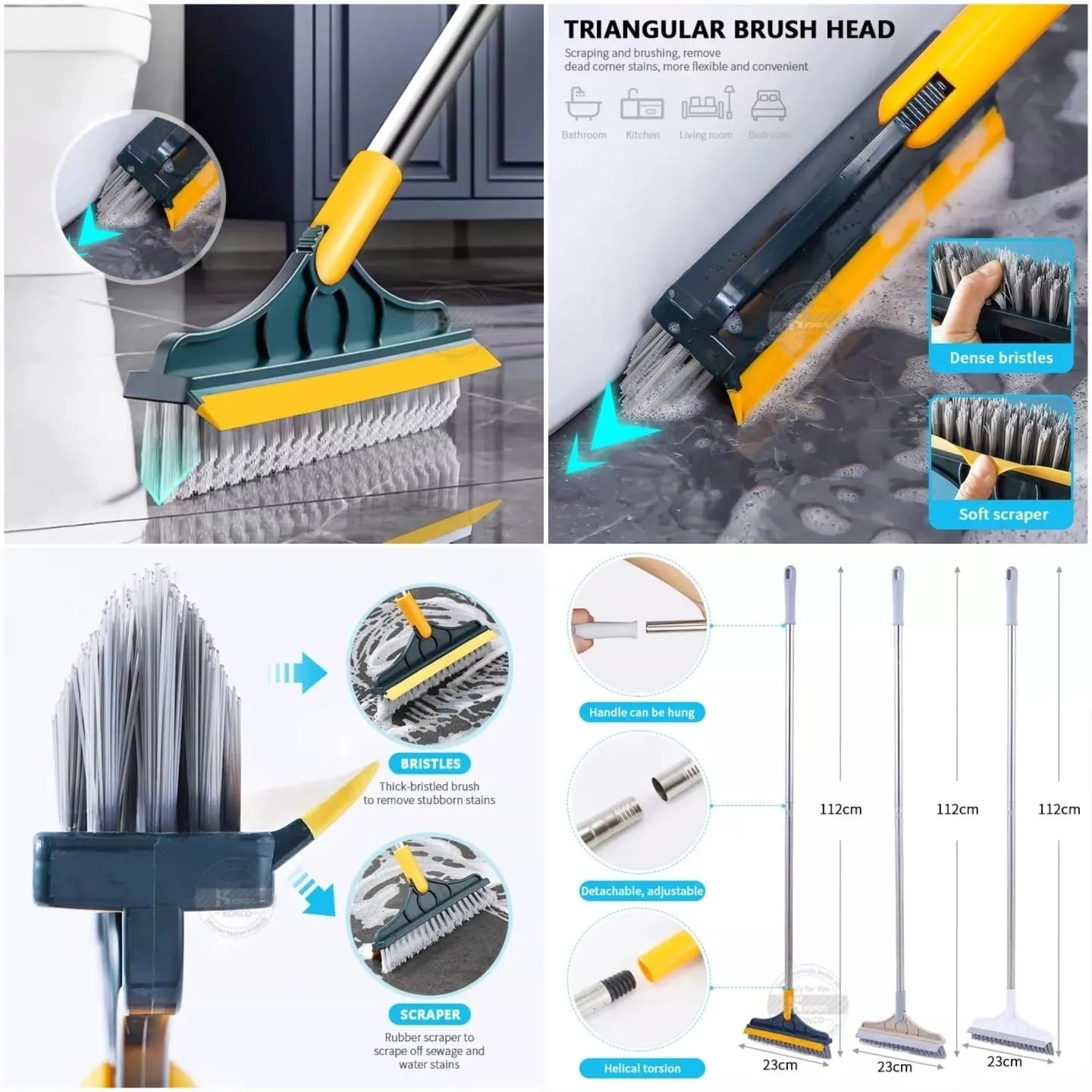 Cleaning tool with triangular brush head and scraper, used for cleaning windows and surfaces.