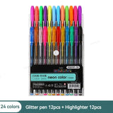 Pack of 24 neon color pens with glitter and highlighter features on a white background.