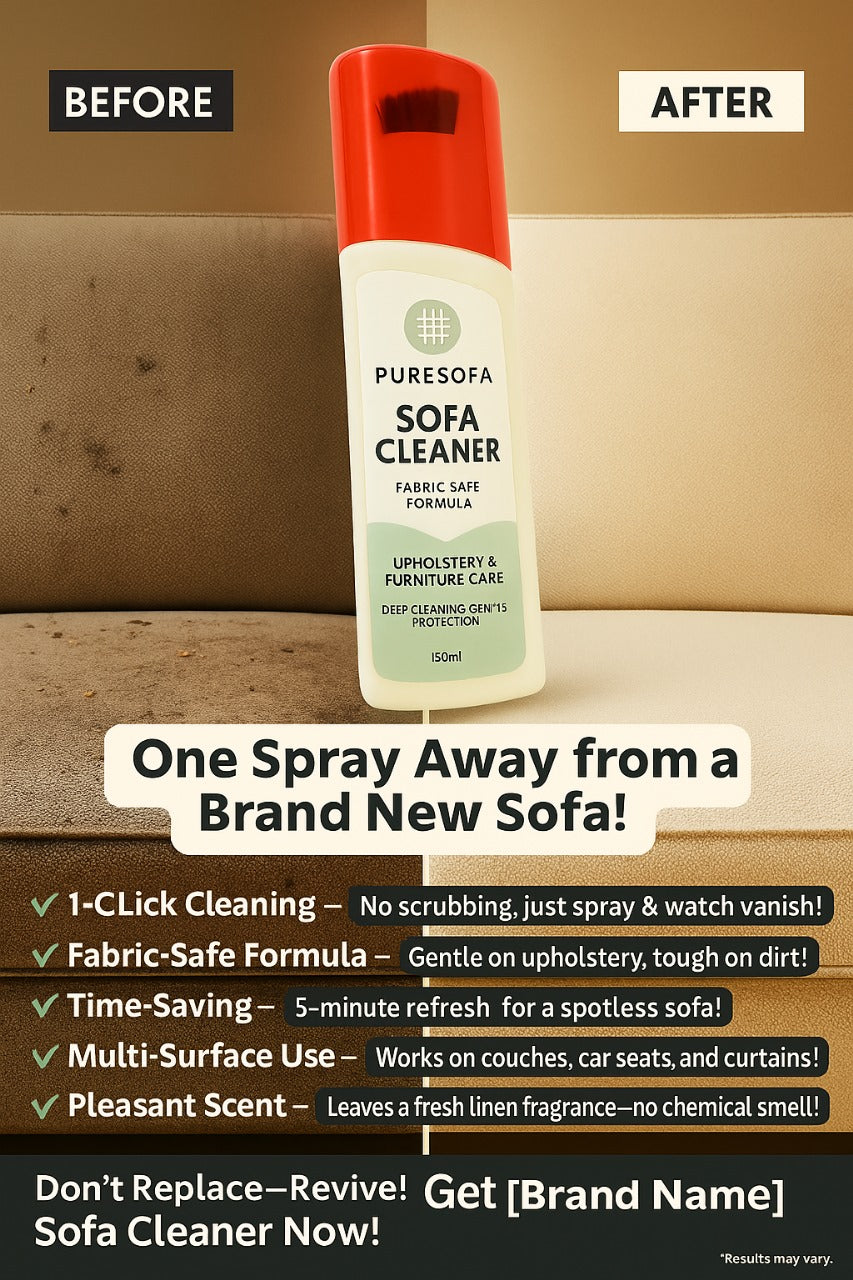 Puresofa sofa cleaner spray bottle with 'Before' and 'After' text on a wooden surface.