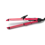 Pink hair straightener with black accents on a white background