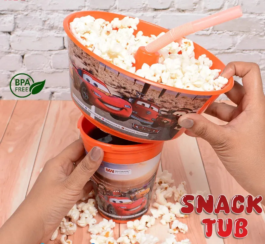 2-in-1 character snack tub and straw cup for convenient snacks and drinks on the go.