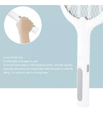 Electric fly swatter with text on a light blue background