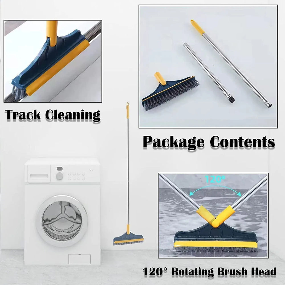 Cleaning tool with rotating brush head, packaging, and usage scenarios on a white background.