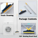 Cleaning tool with rotating brush head, packaging, and usage scenarios on a white background.