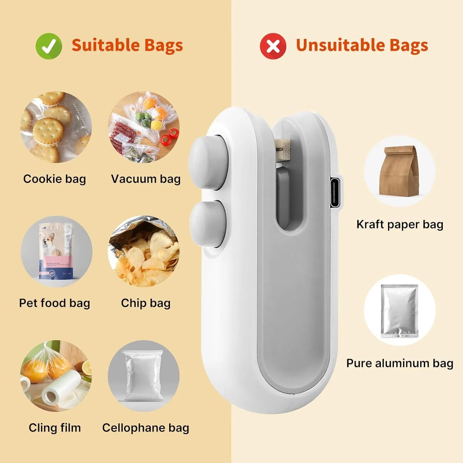 2-in-1 portable heat sealer with USB charging for resealing plastic bags quickly and easily.