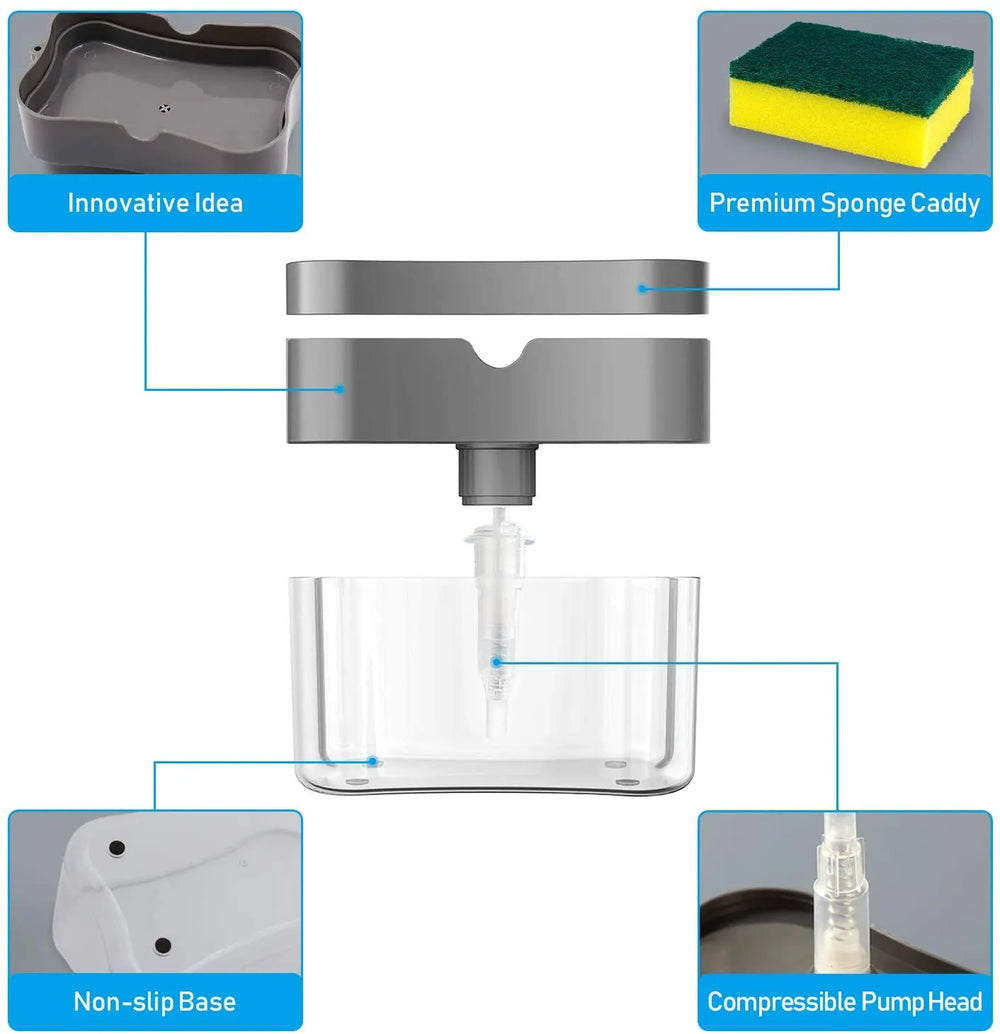 Kitchen sink caddy with various features labeled on a white background