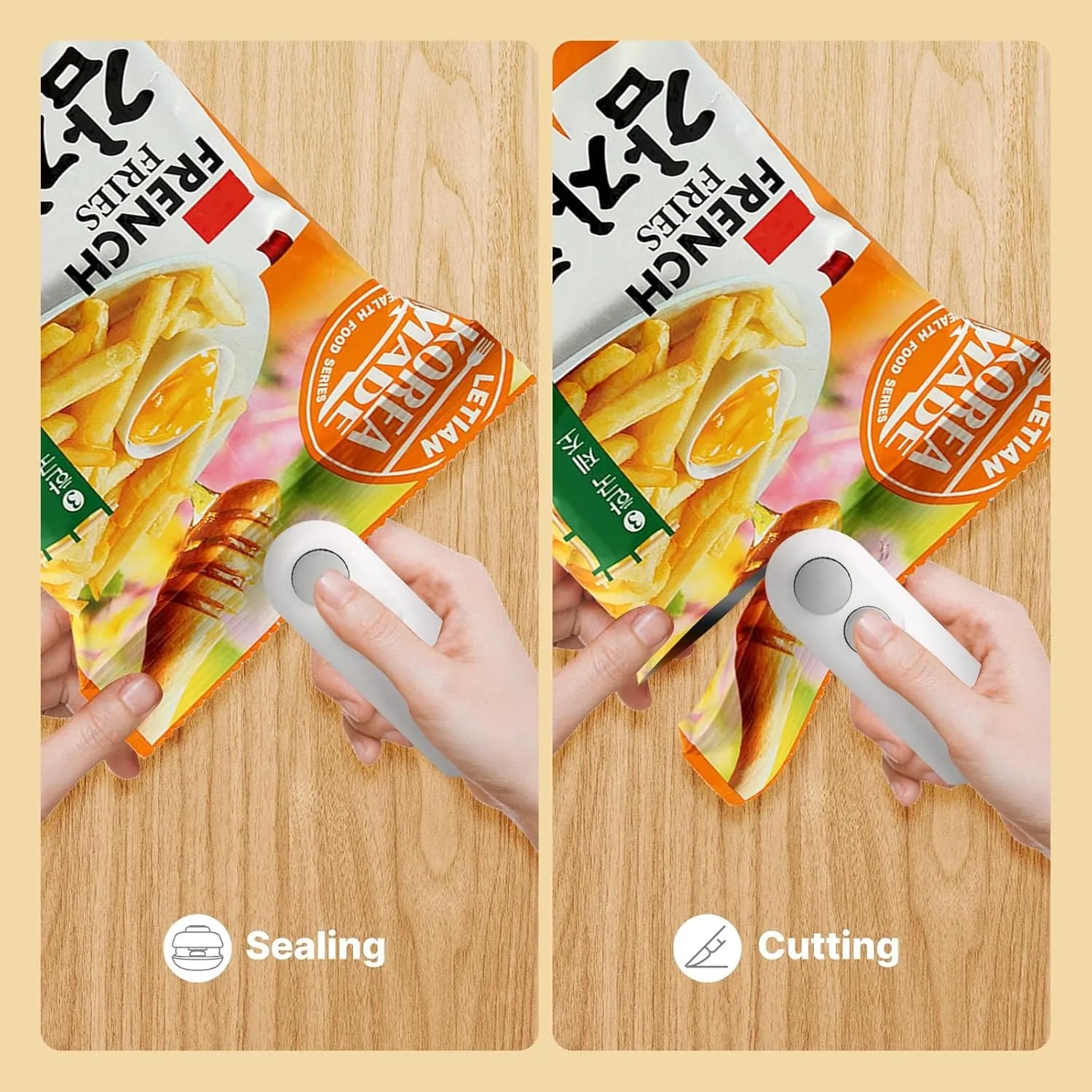 2-in-1 USB rechargeable heat sealing machine for sealing and opening plastic food storage bags.