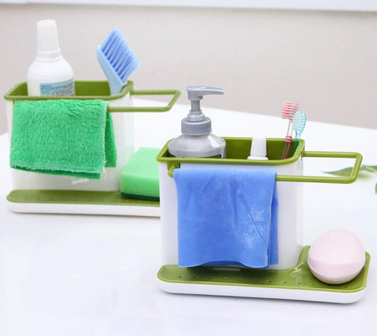 Bathroom caddy with cleaning supplies including a bottle, brush, and soap dispenser.