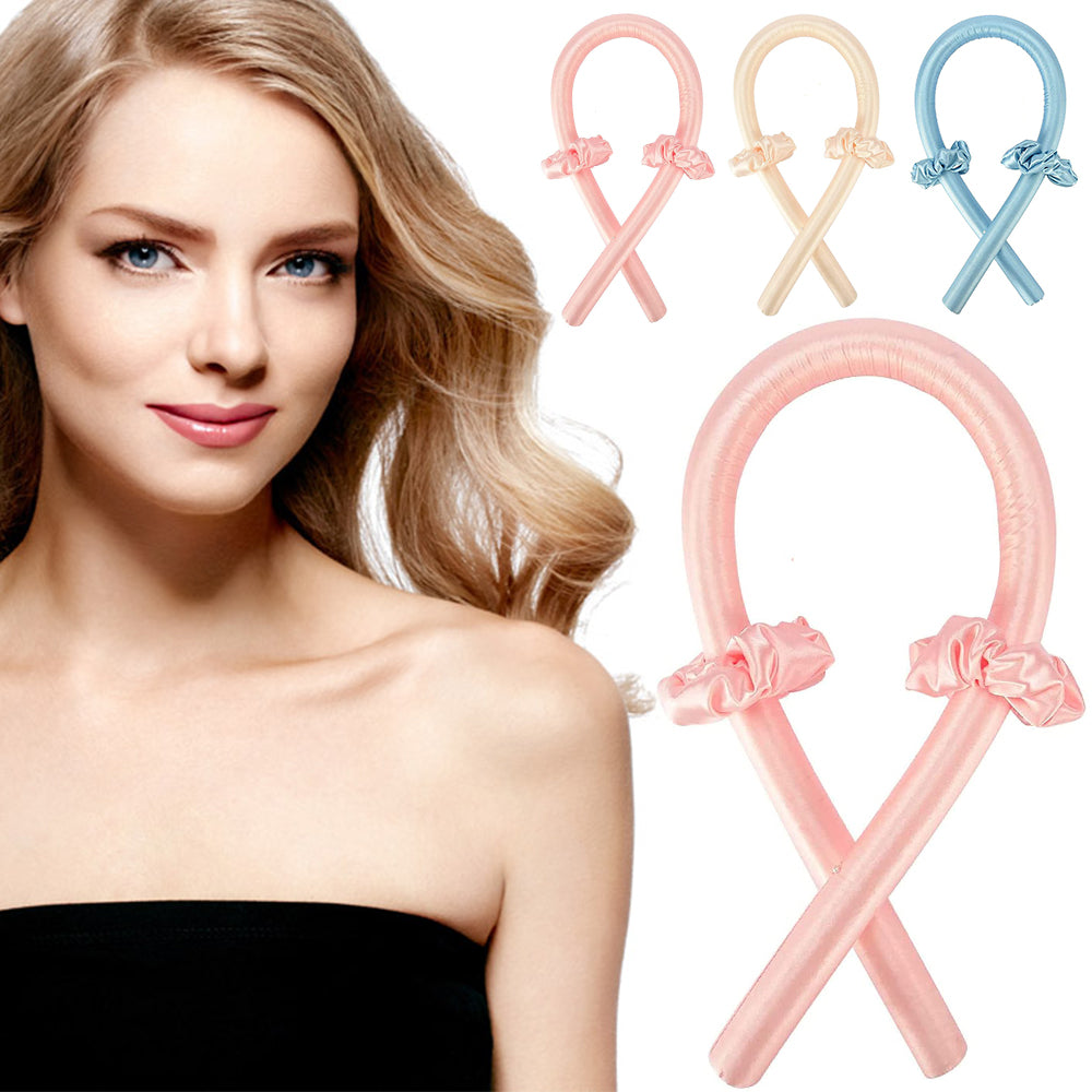 Woman with styled hair next to pink, beige, and blue hair ties with bow accents.