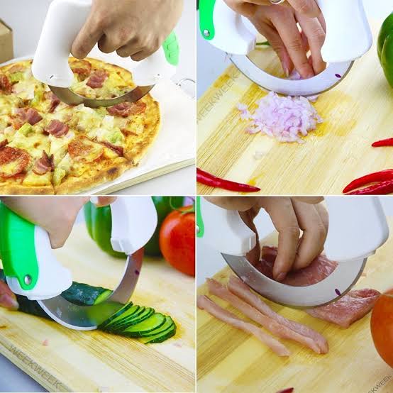 Multifunctional kitchen tool being used to cut various foods including pizza, vegetables, and meat.
