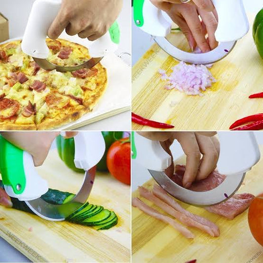 Multifunctional kitchen tool being used to cut various foods including pizza, vegetables, and meat.