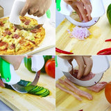 Multifunctional kitchen tool being used to cut various foods including pizza, vegetables, and meat.