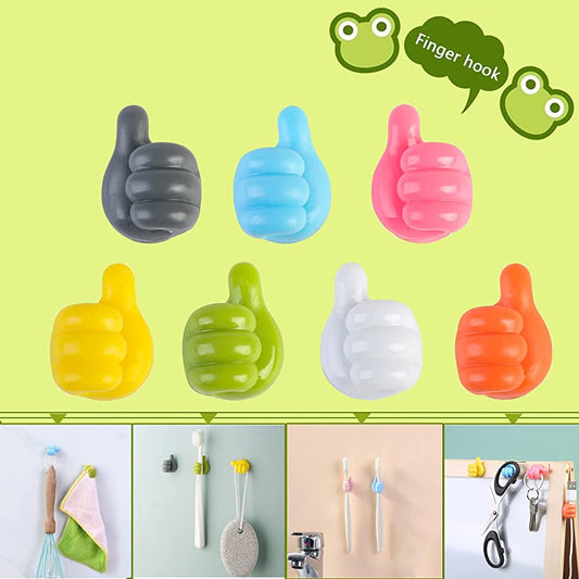 Colorful finger hooks shaped like thumbs on a green background with additional usage examples.