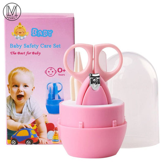 Pink baby safety care set with scissors and nail clipper in a container