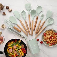 12 pcs set Wooden Handle Silicone Kitchen Utensils With Storage Bucket High Temperature Resistant And Non Stick Pot Spatula Spoon