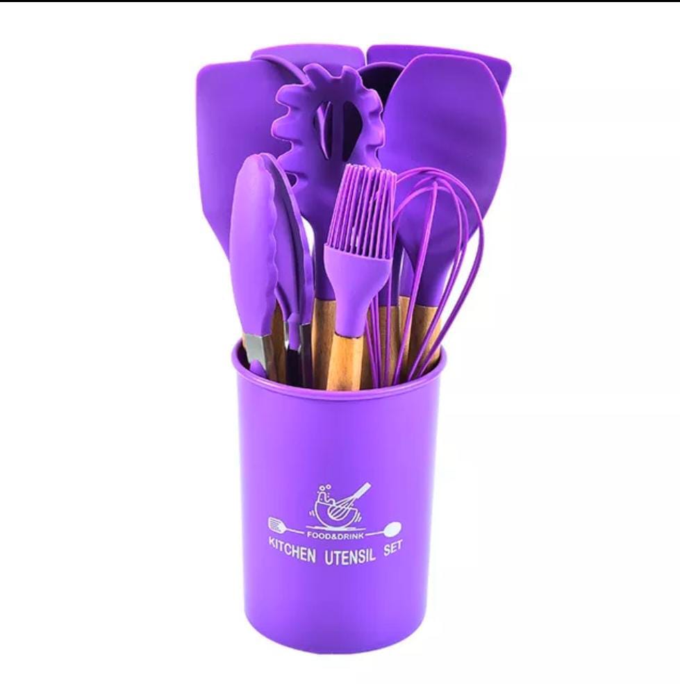 12 pcs set Wooden Handle Silicone Kitchen Utensils With Storage Bucket High Temperature Resistant And Non Stick Pot Spatula Spoon