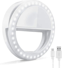 White LED ring light with USB cable on a white background