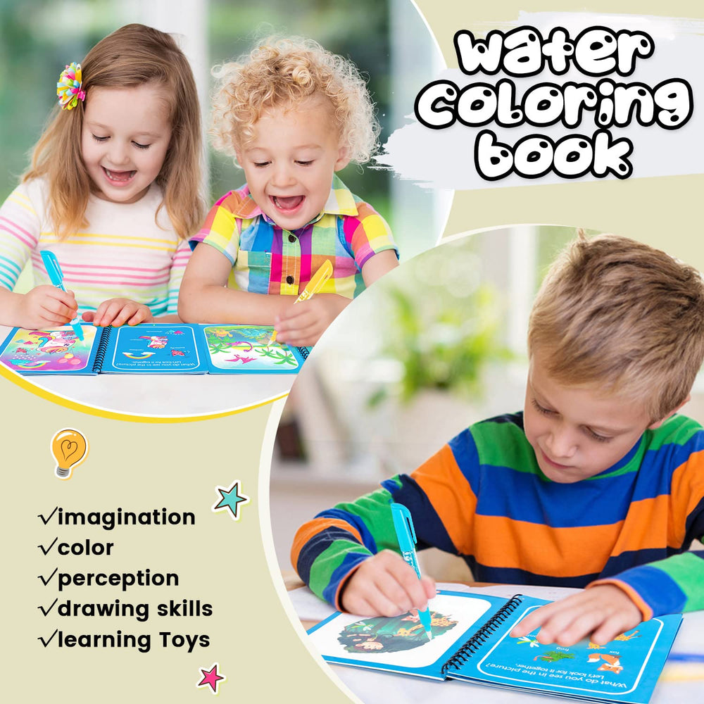 Children engaged in coloring activities with a water coloring book, emphasizing imagination, color, perception, drawing skills, and learning.
