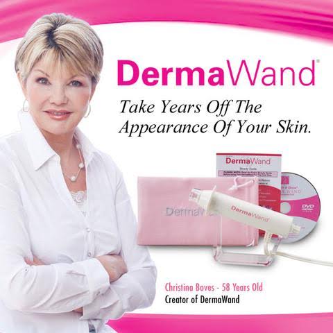 Advertisement for DermaWand with a woman and product packaging on a pink and white background