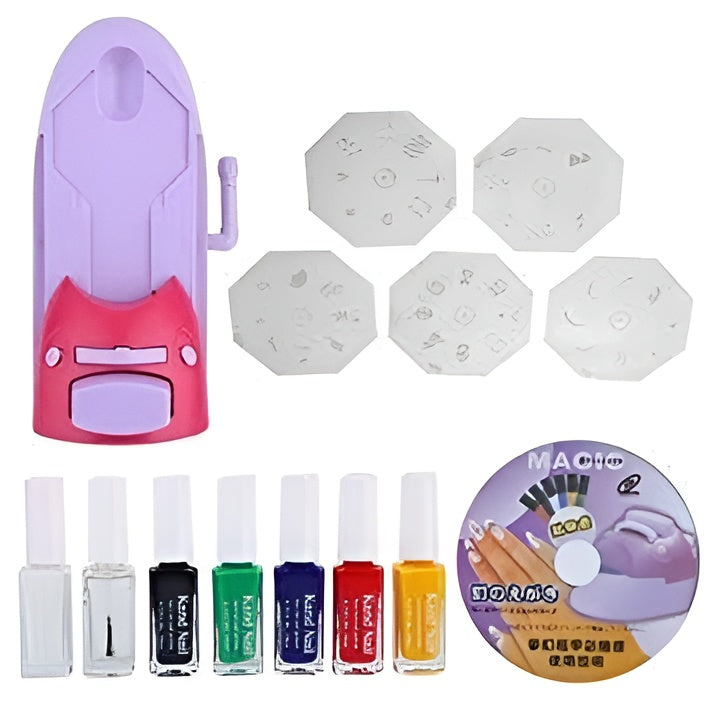 Nail art set with a purple and pink tool, stencils, and nail polish