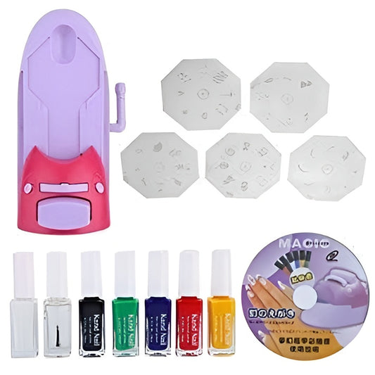 Nail art set with a purple and pink tool, stencils, and nail polish