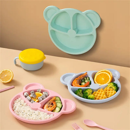 5 Pcs Bear Plate Set - Cartoon compartment dinner plate | Includes Divided Plate, Fork & Spoon, Perfect For Toddlers & Preschoolers