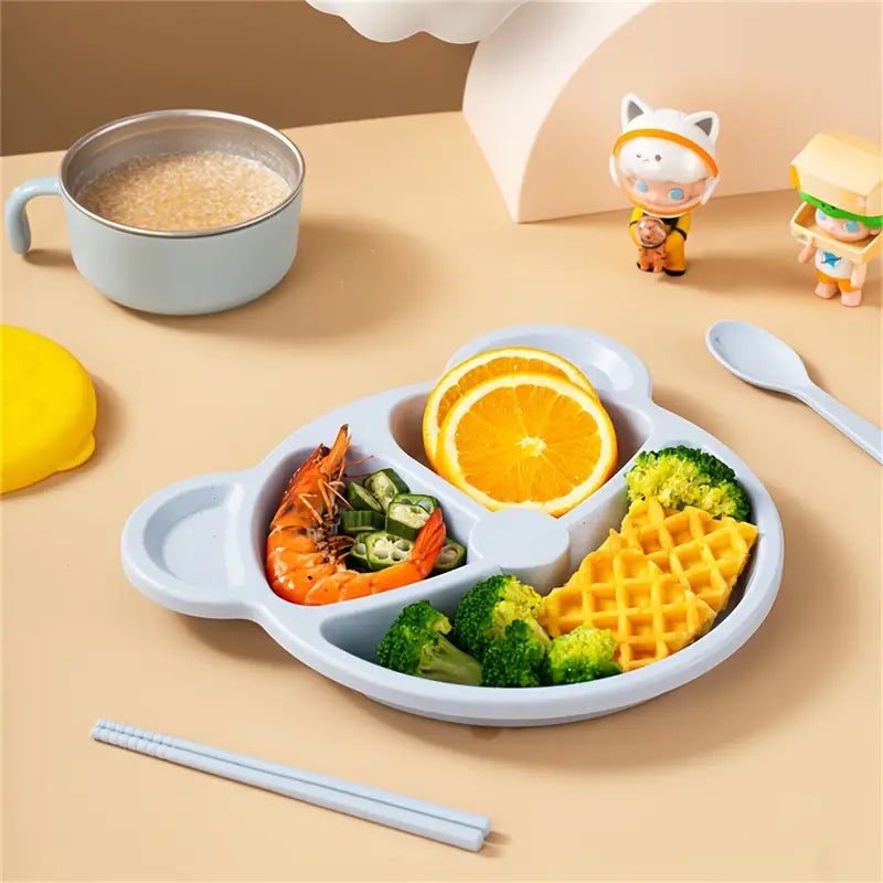 5 Pcs Bear Plate Set - Cartoon compartment dinner plate | Includes Divided Plate, Fork & Spoon, Perfect For Toddlers & Preschoolers