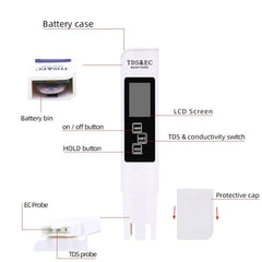 Portable Digital Water TDS, EC, And Temperature Meter (3-in-1) With ATC Function, 1ppm Resolution, 0-9990ppm Purity Tester