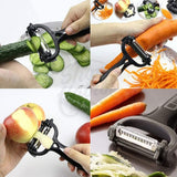 Multifunctional vegetable peeler being used on various vegetables with close-up shots.