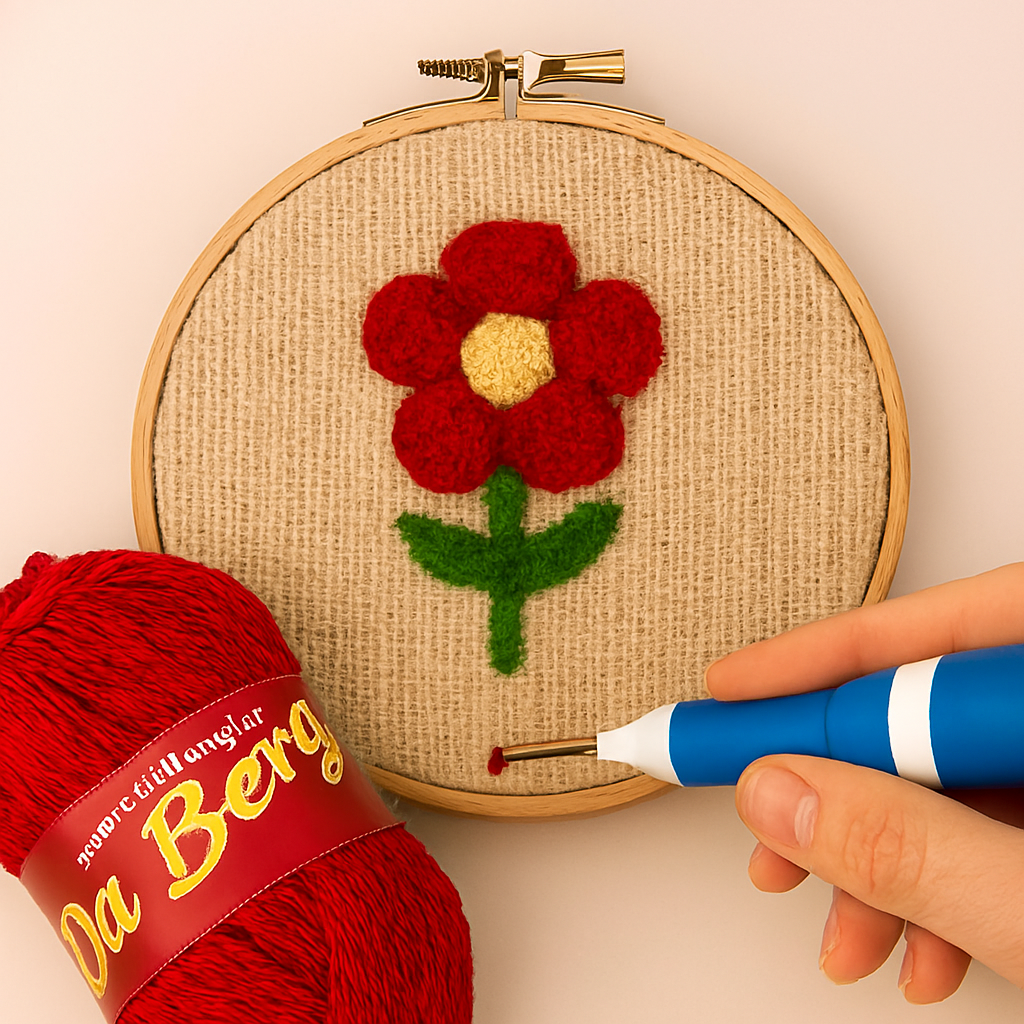 3D Embroidery Punch Needle Kit with 10 Inch Wooden Hoop, Jute Cloth (20x36 inch), Thread, Scissors & Tools – Complete Handcraft Embroidery Set (Maroon Yarn)