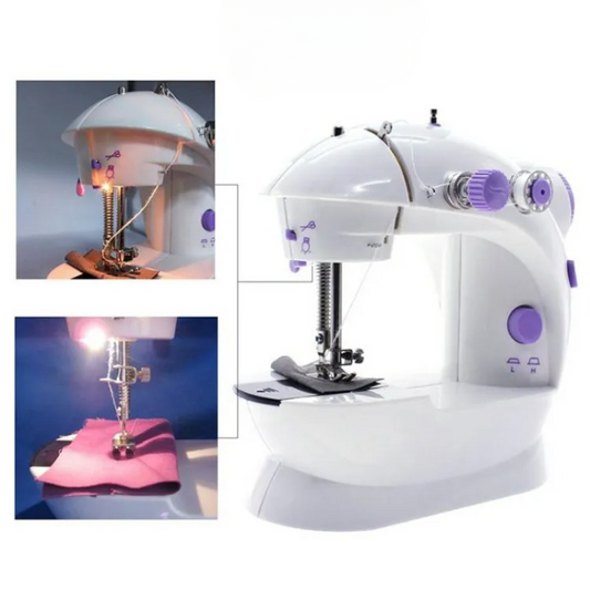 White sewing machine with purple accents on a white background