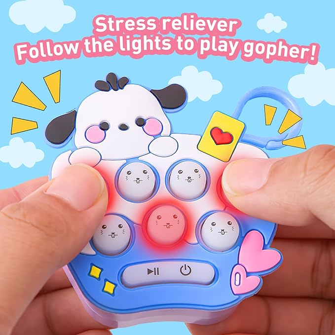 Colorful toy with cartoon dog design held by hands against a blue sky background