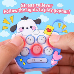 Colorful toy with cartoon dog design held by hands against a blue sky background